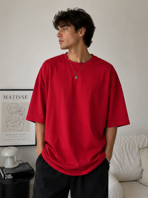 Men Solid Round Neck Cherry Red Cotton Oversized T-shirt